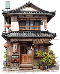 水彩插画日本建筑商用素材