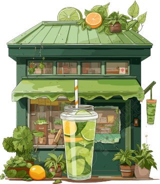 创意设计绿色冷饮店插画素材
