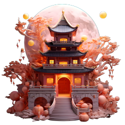 粉色满月古典建筑商用素材