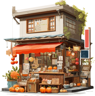古典建筑风格的秋季水果店插画