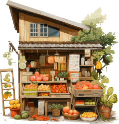 古典建筑风格秋季水果店插画
