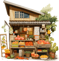 古典建筑风格秋季水果店插画