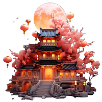 中式建筑满月下的广寒宫3D插图