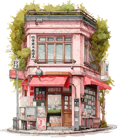 粉色街边小店浪漫漫画素材