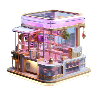 透明背景紫粉色购物建筑3D插图