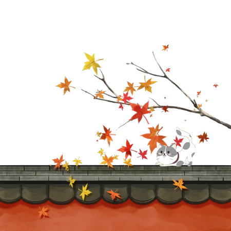 手绘红色围墙上的猫咪和枫叶插画元素