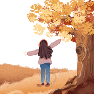 秋冬大树旁边的可爱女孩PNG插图