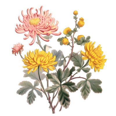 两朵黄色和一朵粉色的菊花元素