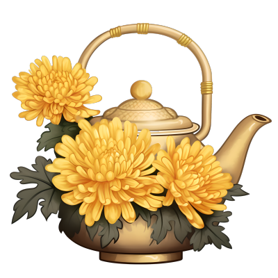透明背景菊花和茶壶插画