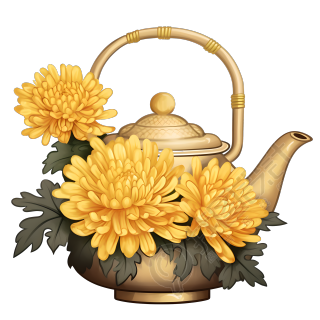 透明背景菊花和茶壶插画