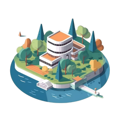 湖畔建筑与树木插画