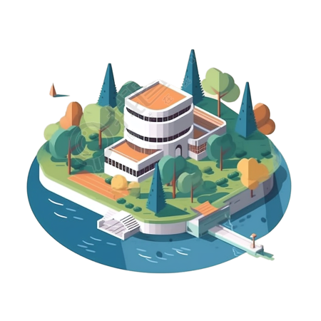 湖畔建筑与树木插画