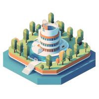 湖边树木与背景湖泊的建筑元素