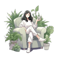 沙发旁的少女和绿植插画素材