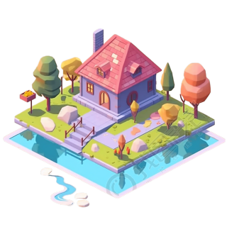 卡通童话风格房屋与池塘图形素材