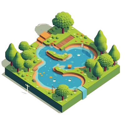 水池、瀑布和树木的等距透视图插画元素