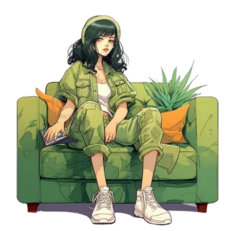 绿色沙发上的女生设计素材