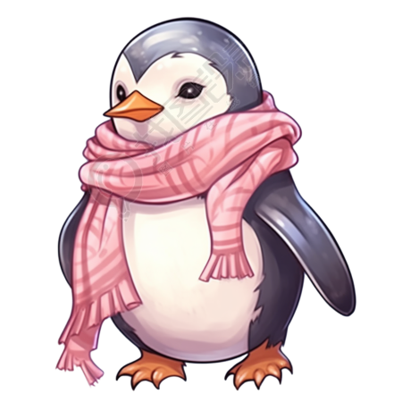 可爱企鹅佩戴粉色围巾贴纸素材