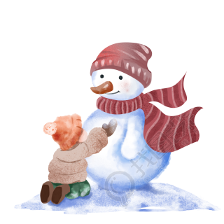 小雪时节堆雪人的小男孩PNG插画