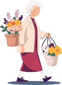 迷你扁平插画老年妇女手持鲜花元素