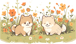 粗线绘画两只可爱的小狗在花丛中的插图
