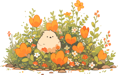 花丛中的可爱小鸡透明背景插画