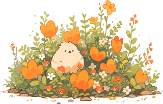 花丛中的可爱小鸡透明背景插画
