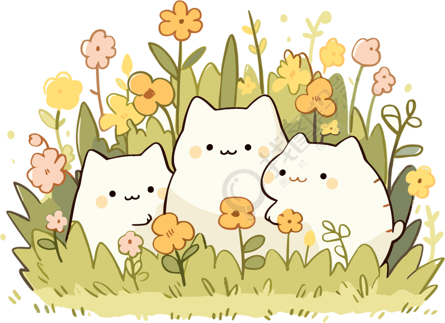 可爱的白色猫咪和小花插画元素
