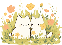 花卉田园场景中的猫猫可商用插画设计