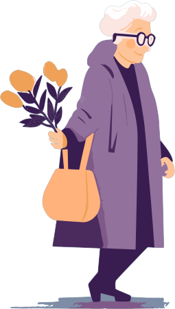 优雅老太太手捧鲜花平面插画