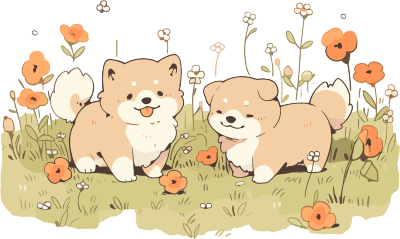 草地上的两只可爱小狗插画