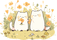 清新花园中两只可爱猫咪的简约插图