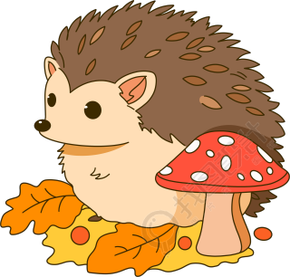 手绘刺猬小蘑菇在落叶上的插画