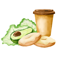 透明背景咖啡杯牛油果甜甜圈美味插画