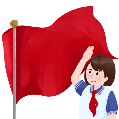 手绘红旗前的女学生升旗仪式插画