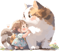 可爱动物陪伴小女孩彩绘插图