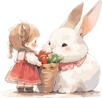 连衣裙小女孩和白兔可爱简笔画水彩素材