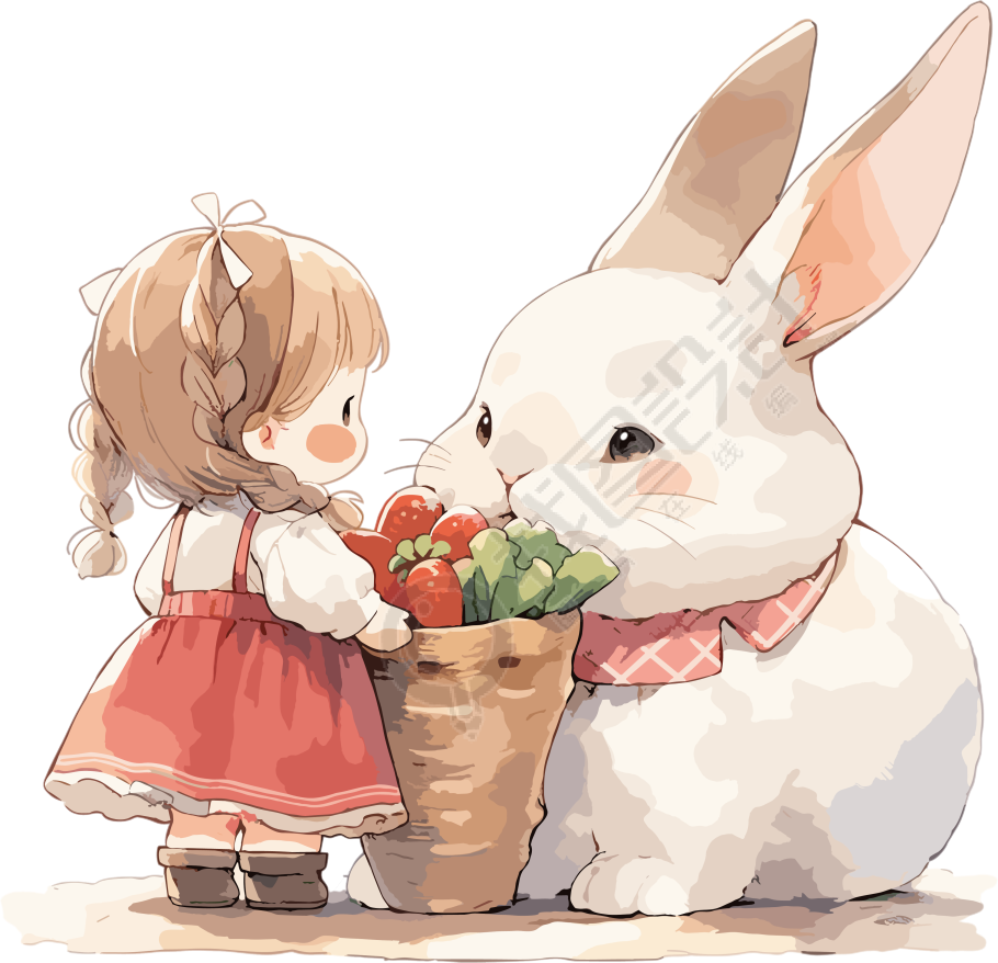 连衣裙小女孩和白兔可爱简笔画水彩素材