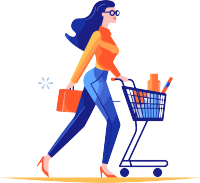女性推购物车买礼品平面插画