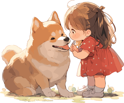 可爱小女孩和狗狗玩耍书籍插图素材