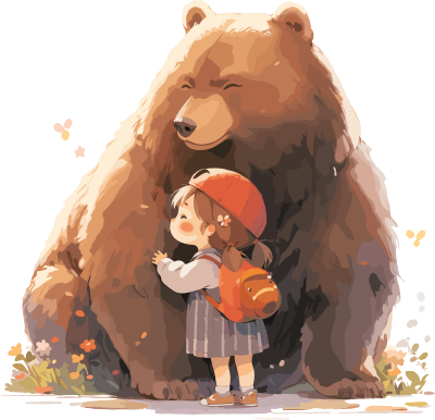 棕熊怀里的小女孩可爱简单插画设计元素