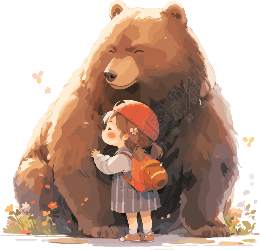 棕熊怀里的小女孩可爱简单插画设计元素