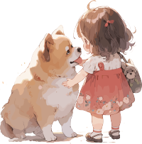 小女孩背影和可爱狗狗插画