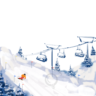 透明背景缆车和滑雪少年手绘插画