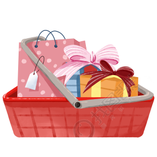 红色购物篮装满礼品双十二购物节素材