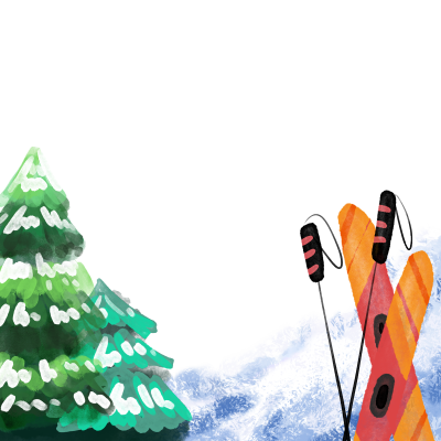 冬日滑雪落雪的松树和滑雪板插画