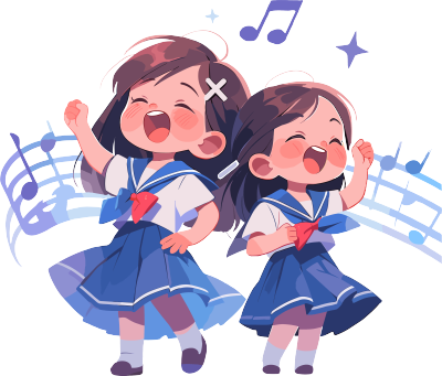 两个合唱学生在唱歌的2D图形插图