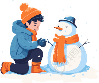 冬季雪地里玩耍的男孩和雪人扁平插画设计