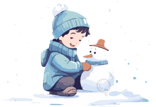 冬季元素堆雪人的小男孩扁平插图