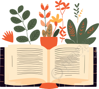 翻开的书籍和植物装饰扁平插图